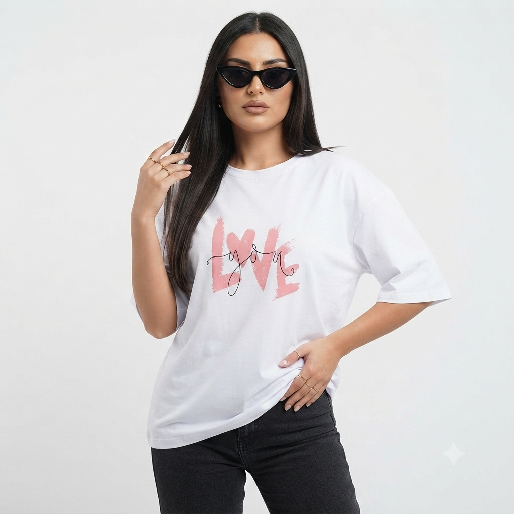 تیشرت زنانه LOVE لانگ پارچه نخ پنبه