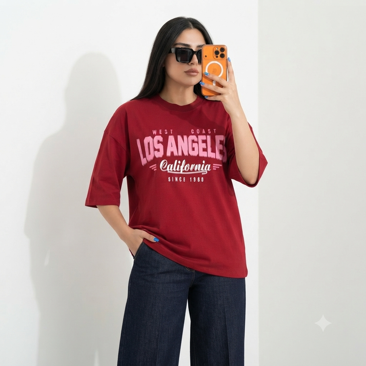 تیشرت زنانه Los Angeles لانگ پارچه مچینست یک رو